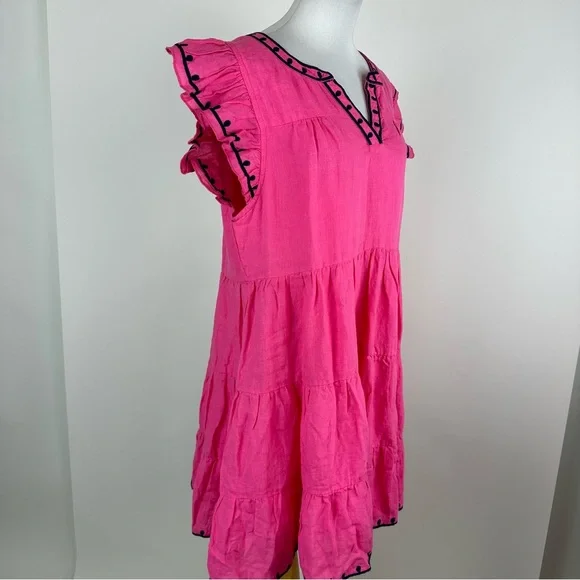Navy Bleu Eloise Pink Embroidered Linen Flutter Sleeve Dress Size Large - Picture 5 of 14